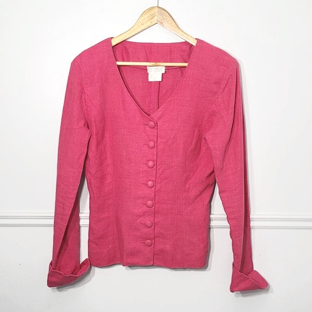 Retro Lyz Gagne Vintage Pink Woven Linen Cotton Long Sleeve Blazer VNeck 80s 90s